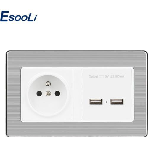 Esooli 16A French Standard Power Outlet With Dual USB Charge Port For Mobile 5V 2.1A Stainless Steel Panel Socket Electric