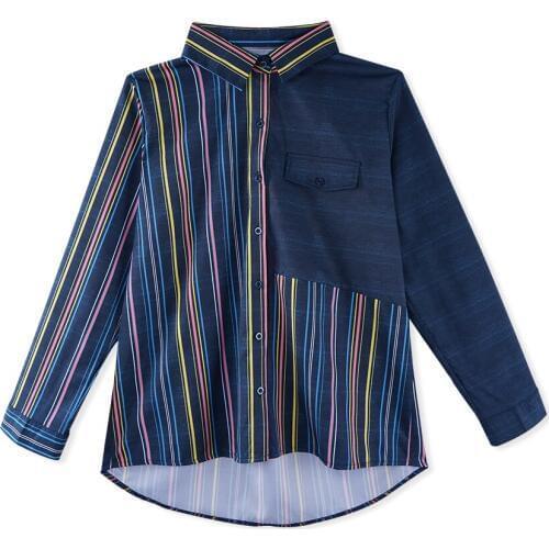 Fashion Color Block Stripe Ladies Slim Blouse Women Shirt Long Sleeve Turn-down Collar Single Breasted Tops and Blouses Femme