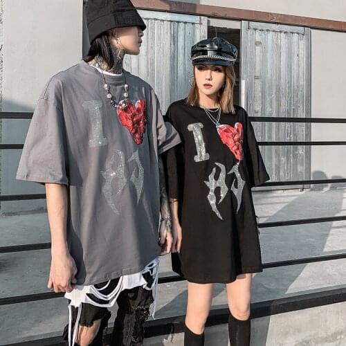 Summer Hipster Fashion Couple Tees Hip Hop Streetwear Mens Personalized Hot Rhinestone T-shirts Women Casual Loose Cotton Tops