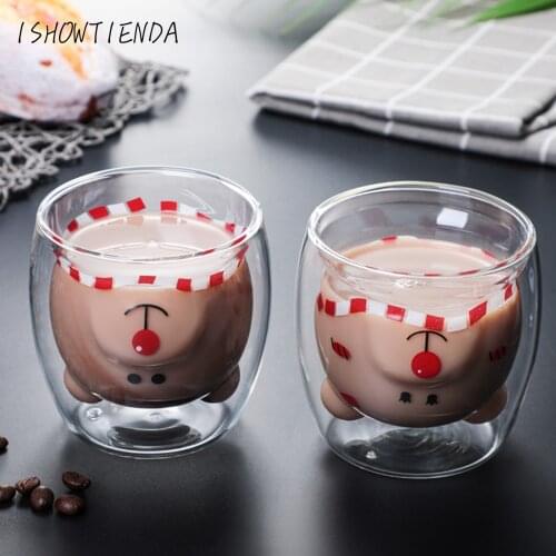 Cartoon Lovely Double Glass Milk Coffee Cup Milk Coffee Cup Drinkware Gift Round Mouth Kitchen Things Cups Cuisine