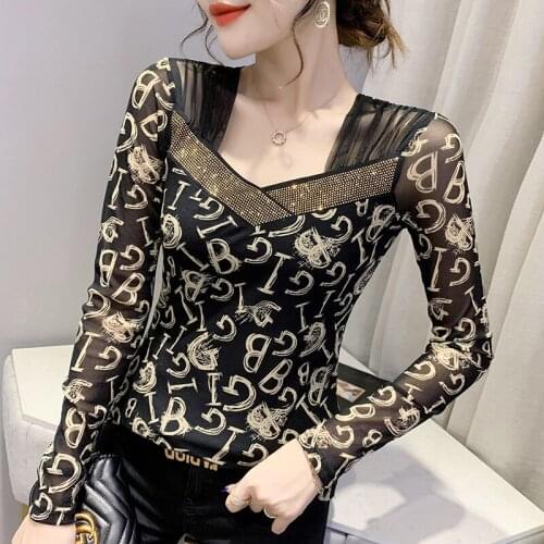 New Arrivals 2021 Autumn Long Sleeve Womens T-Shirt Fashion Print V-Neck Hot Drilling Mesh Tops Plus Size Blusas