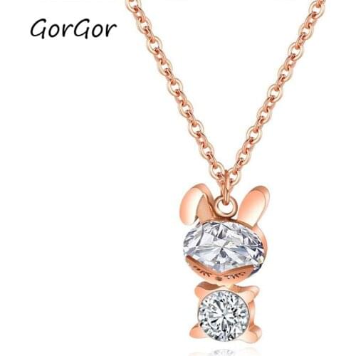 GorGor New Arrivals Titanium Steel Rose Gold Plated Crystal Bear Rhinestone Pendant Necklace for Fashion Women Jewelry Gift 1438