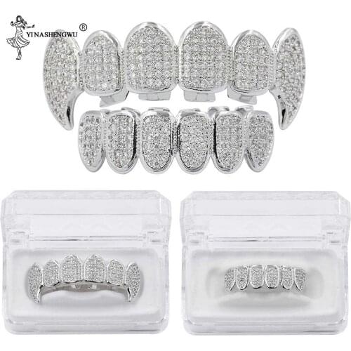 New Fit Silver Plated CZ Micro Pave Top & Bottom Grill Set Rhodium Teeth Grills Vampire Tooth Grillz Body Jewelry For Men Rapper