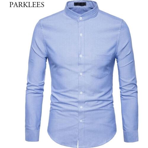 Oxford Cotton Shirt Men 2018 Spring Casual Slim Fit Stand Collar Mens Dress Shirts Long Sleeve Solid Chemise Homme Army Green