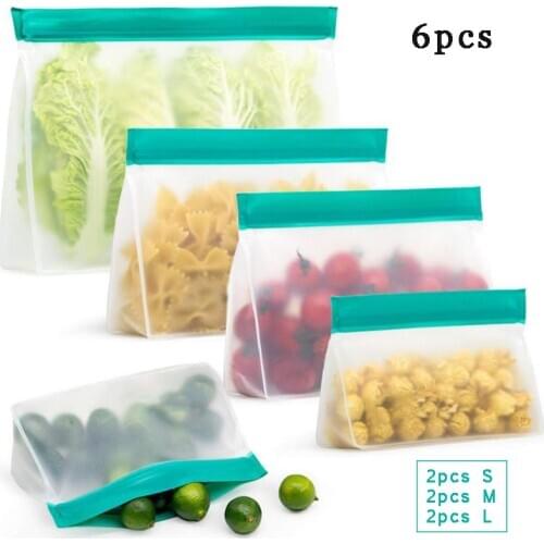 6PCS PEVA Food Storage Bag Upgrade Leakproof Top Stand Up Reusable Freezer Sandwich Ziplock Silicone Thicken Seal Bag Organizer