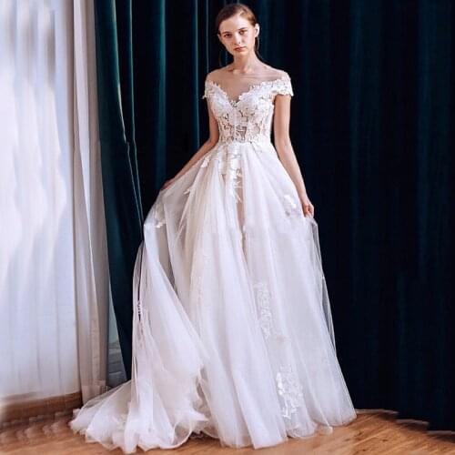 Off Shoulder 3D Flower V-Neck Appliques Tulle Lace Up A-Line Wedding Dress 2021 Vestido De Noiva Bridal Gown