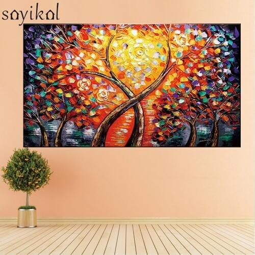 Handpainted Tree Of Life Abstract Oil Painting On Canvas Handmade Rose Trees Paintings For Living Room Home Decoration Wall Art