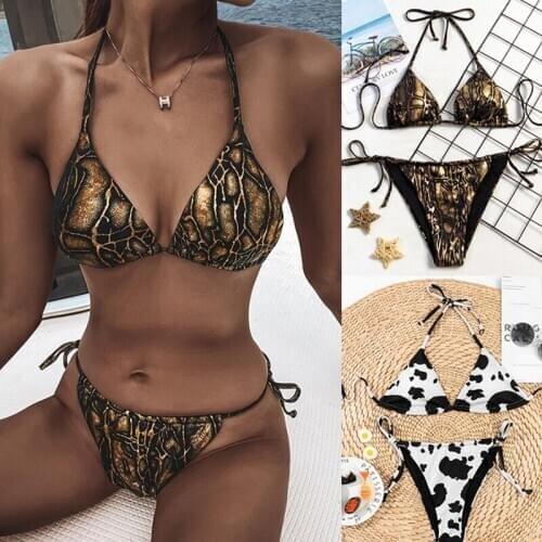 Leopard Sexy Lace Up Three-point Bikini Swimsuit Backless Halter Swimwear Sexy Seperate Bikini Set Swimsuit