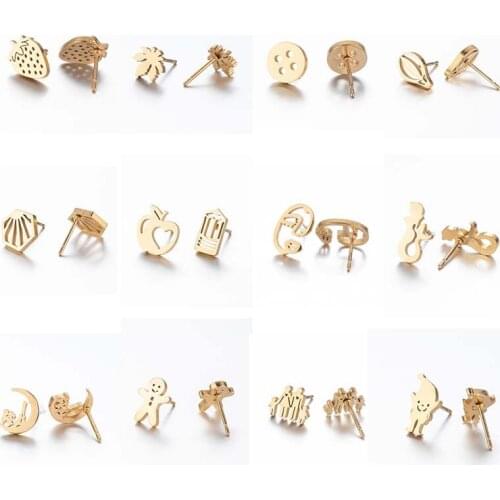 Gold Hexagon Strawberry Apple Ladybug Maple Leaf Mermaid Face Anti Allergic Earrings Women Fashion Wedding Jewelry Accessories