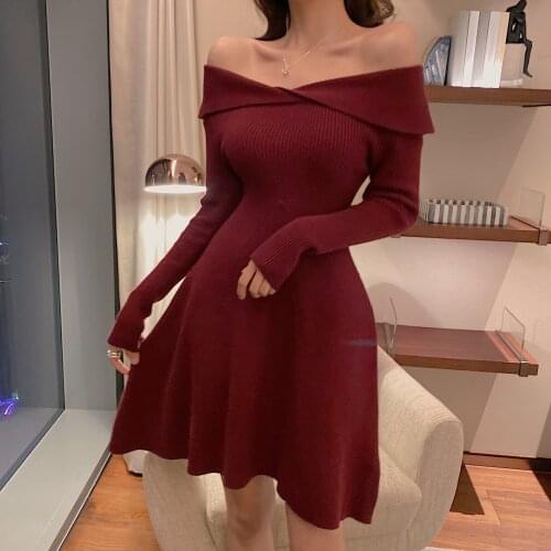 Off Shoulder Knitted Mini-dress Woman Fashion Brand Slash Neck Spring Autumn Sexy Style Club Party Dresses Ladies Vestidos New