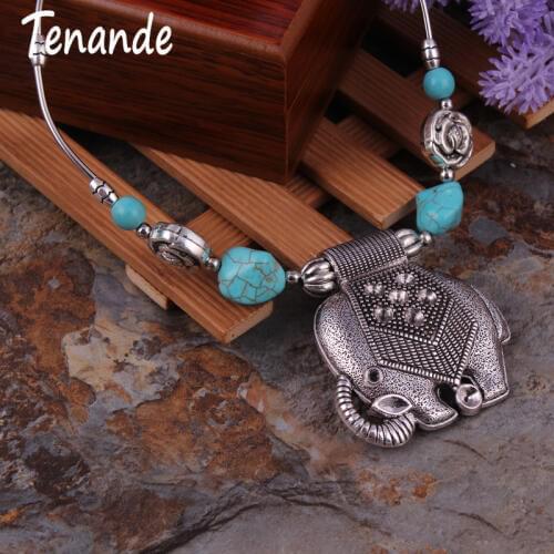 Tenande Vintage Natural Stone Flowers Elephant Pendant Necklaces for Women Jewelry Bohemian Tibet Silver Color