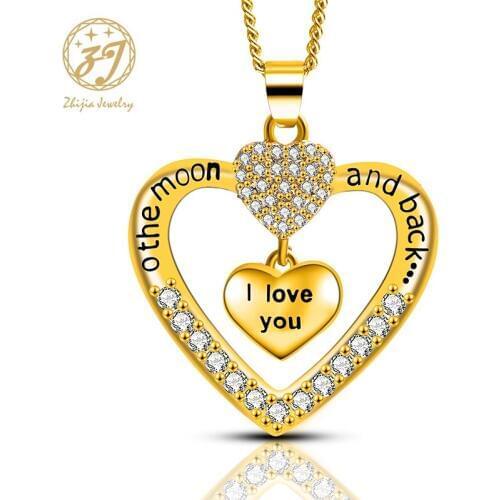 Zhijia New Trendy Luxury Crystal Rhinestone Heart Shape"I love you" Pendant Necklace For Women Jewelry Party Gifts