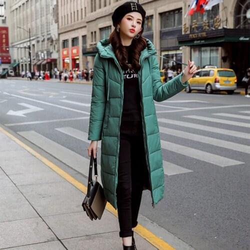 Winter Polyester Womens Down Jacket Hooded Long Sleeve Cardigan Zipper Pockets Solid Slim Thick Vogue Office Lady Down Jacket