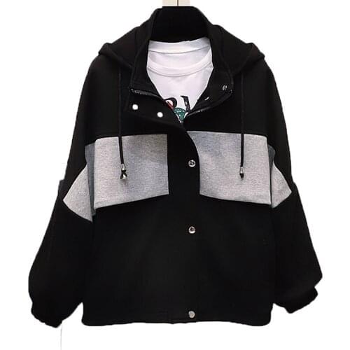 2021 New Spring Autumn Plus Size Womens Jacket Coat Black Hooded Zipper Casual Workwear Windbreaker Outerwear Female Tops W433