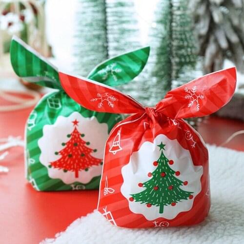 50Pcs 2021 Christmas Ear Party Candy Biscuit Sweet Treat Cookie Gift Bags Cartoon Xmas Tree Print Wrap Packages