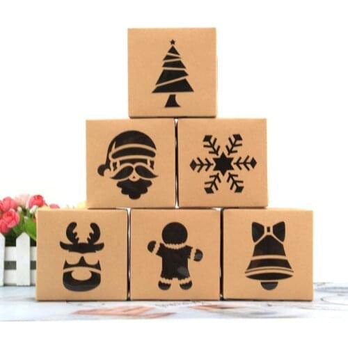 50pcs Christmas Party Packaging Boxes Pvc Window Biscuit Box Kraft Paper Cake Box Chocolate Candy Box