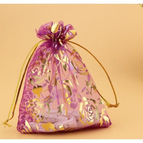 500pcs/lot Wholesle New Hot Pink Drawstring Organza Pouch Gift Bags Gold Rose Print Fit Wedding Party 11x16cm