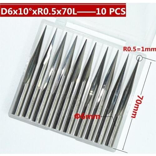 6mm*10degree*R0.5*70L-10PCS,CNC carbide End Mill,woodworking router bit,Taper ball nose end milling cutter,deep relief,pvc,MDF