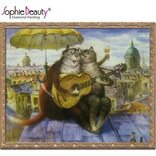 High Quality Paste DIY Music Cat On Roof Embroidery Mosaic 100% Area Diamond Painting Cross Stitch Cartoon Animal Decor Gift