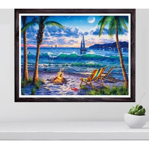 Diamond Painting Landscape Coast Coconut Tree Picture of Rhinestones Diamond Mosaic Embroidery Scenery Wall Art Christmas Gift