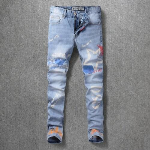 American Street Style Fashion Men Jeans Retro Light Blue Slim Fit Printed Jeans Men Night Club Designer Hip Hop Denim Punk Pants