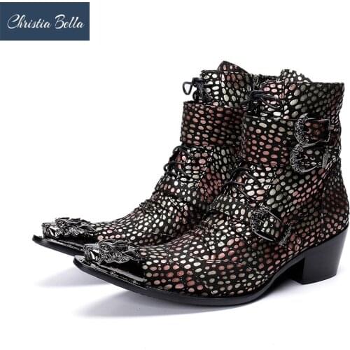 Christia Bella Print Buckle Strap Men Shoes Genuine Leather Boots Fashion Metal Pointed Toe Boots Big Size Zipper Ankle Boots