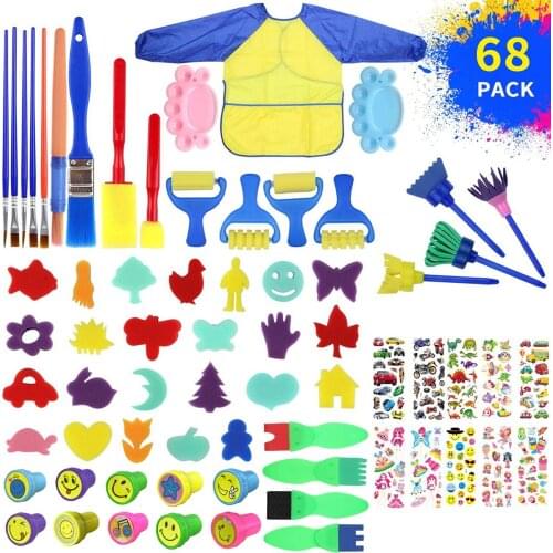 68pcs/Lot Kids Sponge Painting Brushes Set Child Painting Brushes Stamps Stickers Long Sleeve Waterproof Apron Perfect Gift
