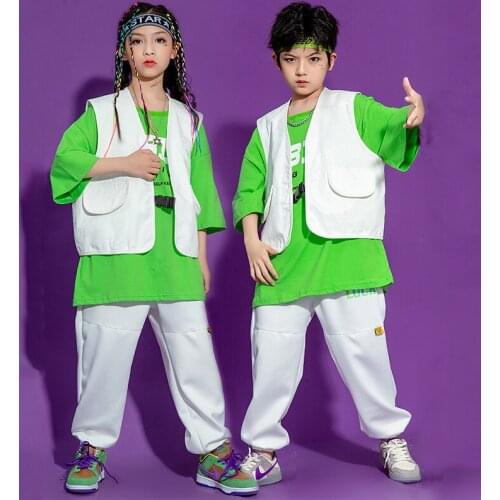 Kids Jazz Dance Costume Hip Hop Street Clothes White Vest Pants Green T-Shirt For Boys Girls Ballroom Dancing Stage Wear BL6354