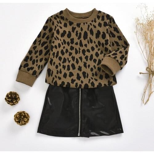 Baby suit leopard hoodies + PU leather skirt zip up two piece set toddler girl fall clothes 2020 girls outfits kids 2 to 6 yrs