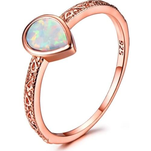 Bamos White/Blue/Purple Fire Opal Water Drop Ring Vintage Promise Engagement Rings For Women Rose Gold Filled Wedding Jewelry