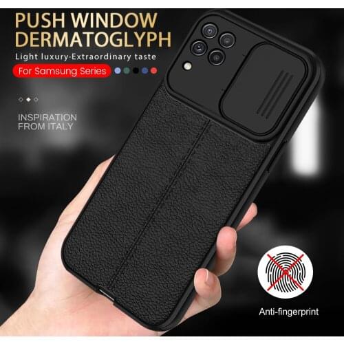Leather texture soft silicone push pull camera protect case for samsung galaxy a 22 52 72 21s 71 m 12 32 31 51 shockproof coque