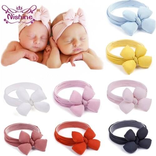 Nishine 4 Inches Solid Color Handmade Bows Baby Girl Elastic Headband Toddler Soft Comfortable Cotton Hairband Warm Kid Headwear