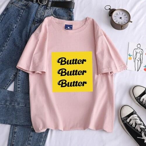 2021 Summer New Y2k Aesthetic Fashion Woman Tshirts Bangtan Boys Butter Print Round-neck Cotton T-shirt Casual Large-size Top