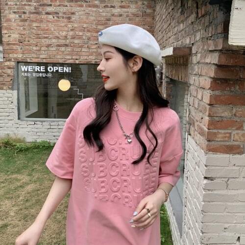 2021 summer new Korean version of loose three-dimensional letter stamped round neck T-shirt female wild short-sleeved top