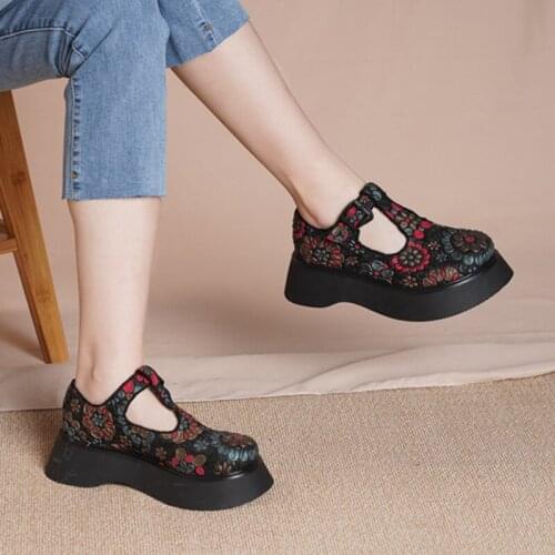 Birkuir Original Genuine Leather Women Shoes Flat Platform Shoes Female Spring/Summer Ethnic Thick Heels Buckle Four Seasons