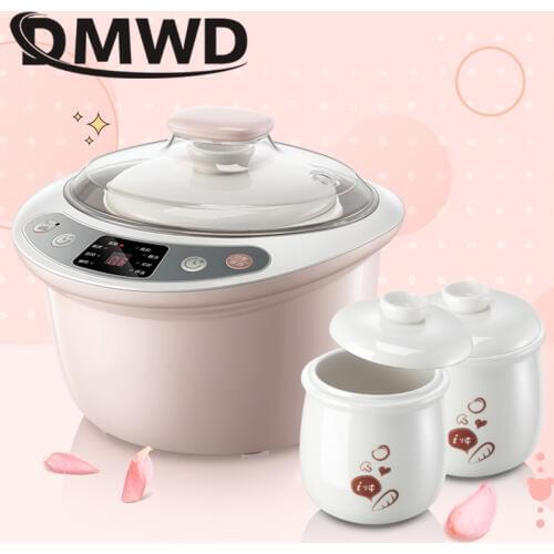 DMWD Intelligent Slow Cookers Electric timing Food Steamer 3 Liner 1.8L Ceramic multifunctional Water Stewing soup Porridge pots