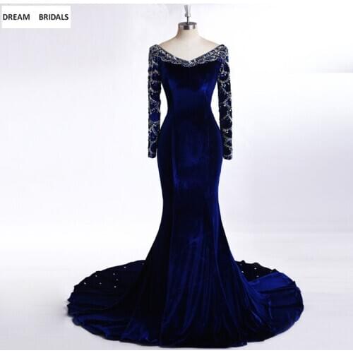 African Muslim Long Sleeves Women Formal Evening Dresses 2019 Beading Crystal Sweep Train Evening Prom Gowns