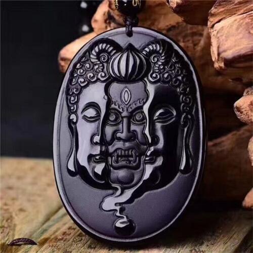 Drop Shipping Natural Black Obsidian Stone Pendant Necklace Carved Between Buddha Devil Gift For Brave Mens Jade Jewelry