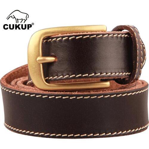 CUKUP Unisex Top Quality Grain Cow Cowhide Leather Belt Brass Buckle Jeans Accessories 1.3" Wide Fancy Vintage for Women NCK438