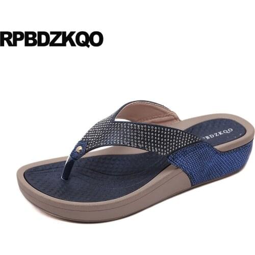 Big Size Plus Sandals Slides Open Toe Low Wedge Ladies Slipper Flip Flop Rhinestone Women Platform Diamond Shoes Crystal Blue