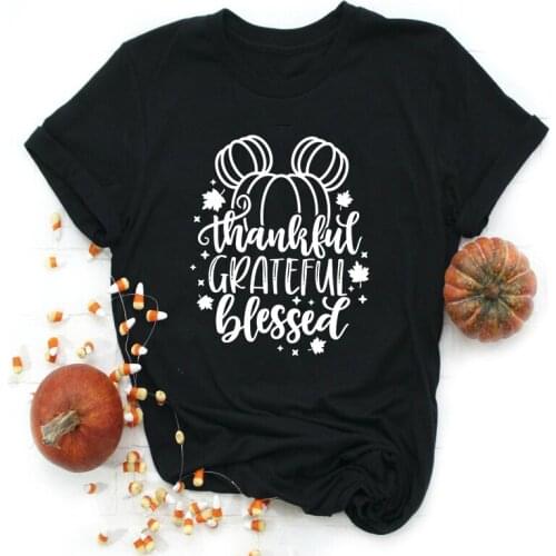 Cute Thanksgiving Holiday Gift Tops Tees Autumn Thankful Grateful Blessed T-shirt Funny Women Short Sleeve Graphic Fall Tshirt
