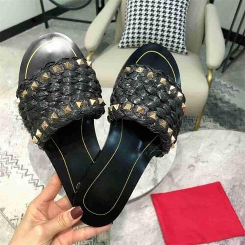 2021 Summer Women Slippers Flats Cane Weave Black Slides Outside With Rivet Ladies Shoes Zapatillas Mujer Designer
