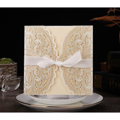 Blue Gold Ivory Laser Cut Wedding Invitations Elegant Hollow Lace Invitation Cards for Marriage Party Favors,50Pieces