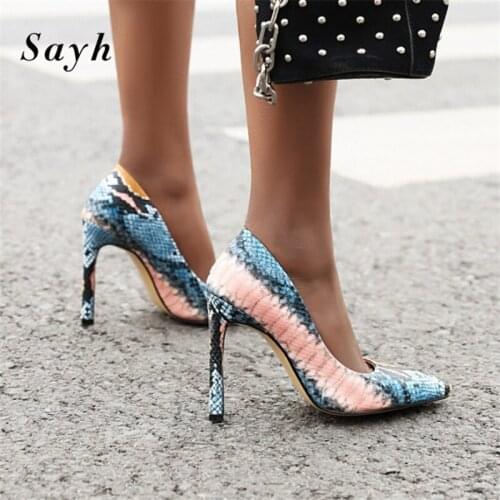 Sexy Lady Pumps Serpentine Snakeskin Stilettos Pointed High Heel Shoes For Women Office Lady Party Dress Shoes Size 35-46