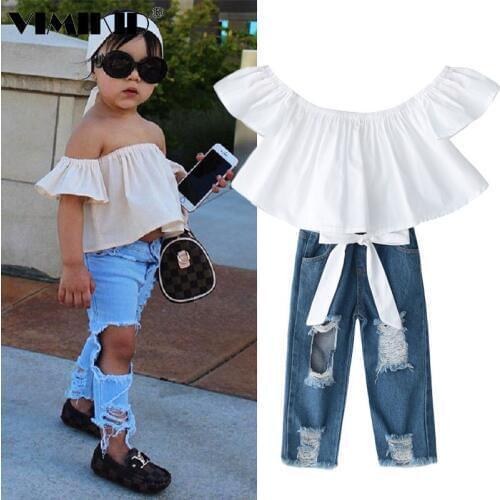 VIMIKID Girls Clothing Sets 2018 Ins Fashion Strapless White Tops +Broken Hole Jeans 2pcs Suits for Kids Childrens Clothing k1