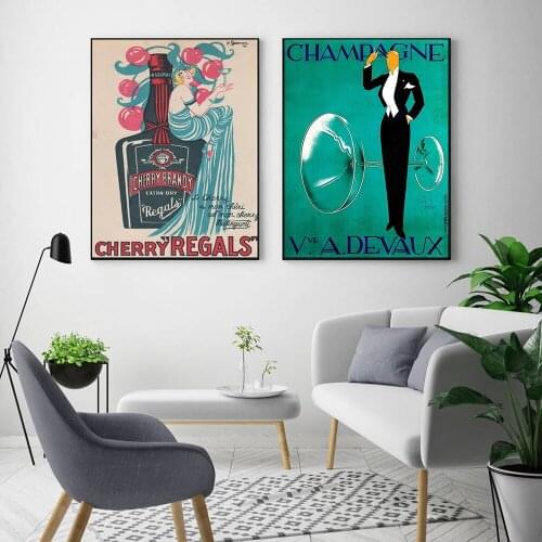 Vintage Champagne Cherry Brandy Girl Wall Art Canvas Painting Nordic Posters and Prints Wall Pictures for Living Home Decoration