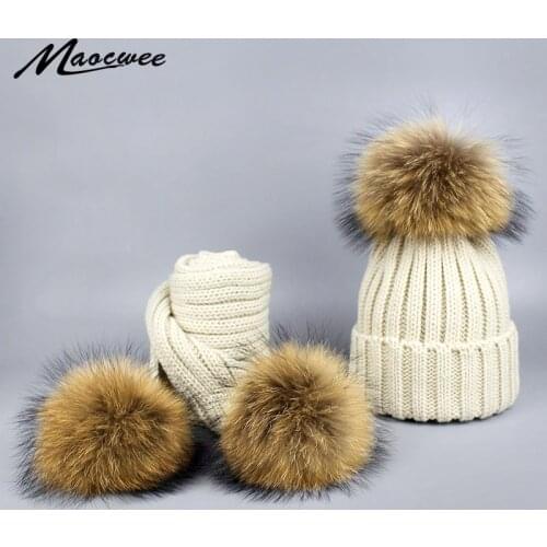 Knitted Scarf and Hat Set for Children and Woman Luxury Winter Warm Crochet Cap and Scarves with Real Fur Pompom Beanie Skullies
