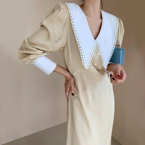 ZCSMLL Korean Autumn Big Lapel Stitching Lace Contrast Color High Waist Lantern Sleeve Vintage Fashion Yellow Dress Women