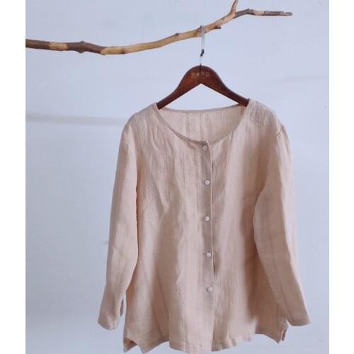 Women Loose Linen Jacquard Blouse Shirt Tops Female Loose Flax Shirt Female 2021 Spring Summer Blouse