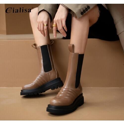 CIALISA Women Shoes 2020 New Design Patchwork Slip On Lady Boots Leather Cool Fashion Brown Round Toe High Heel Platform Boots